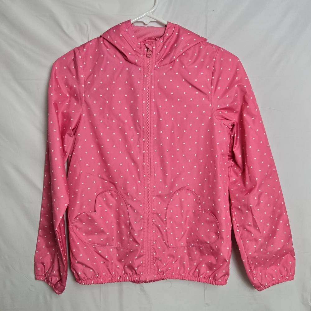 Girls Pink Polka Dot Hooded Nylon Jacket With Heart Pockets Size Med 10